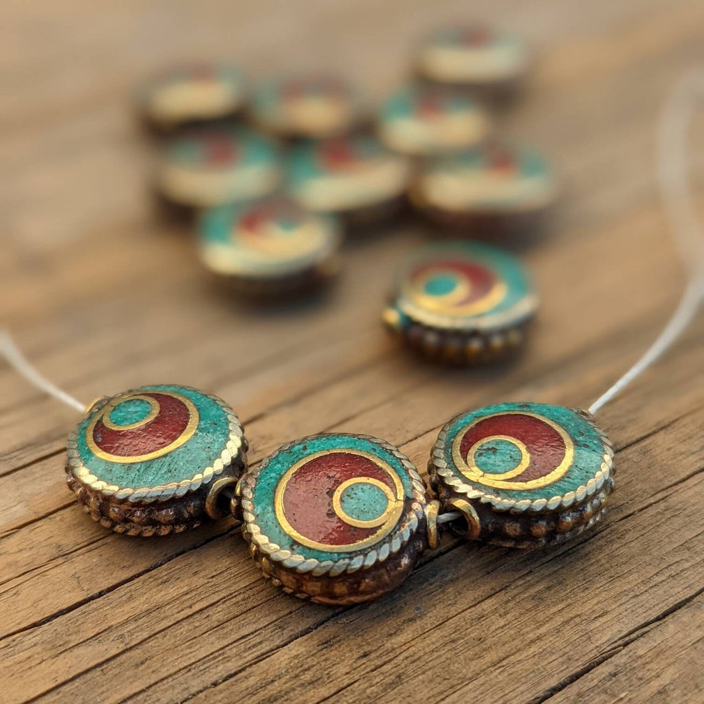 Handcrafted Himalayan Brass Beads: Turquoise Coral Inlay, Ethnic Rice Bean Shape (10 Beads)