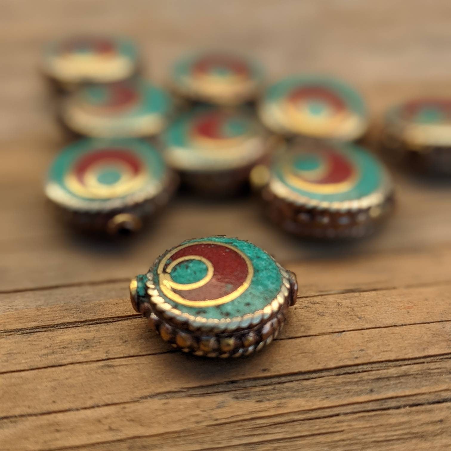 Handcrafted Himalayan Brass Beads: Turquoise Coral Inlay, Ethnic Rice Bean Shape (10 Beads)