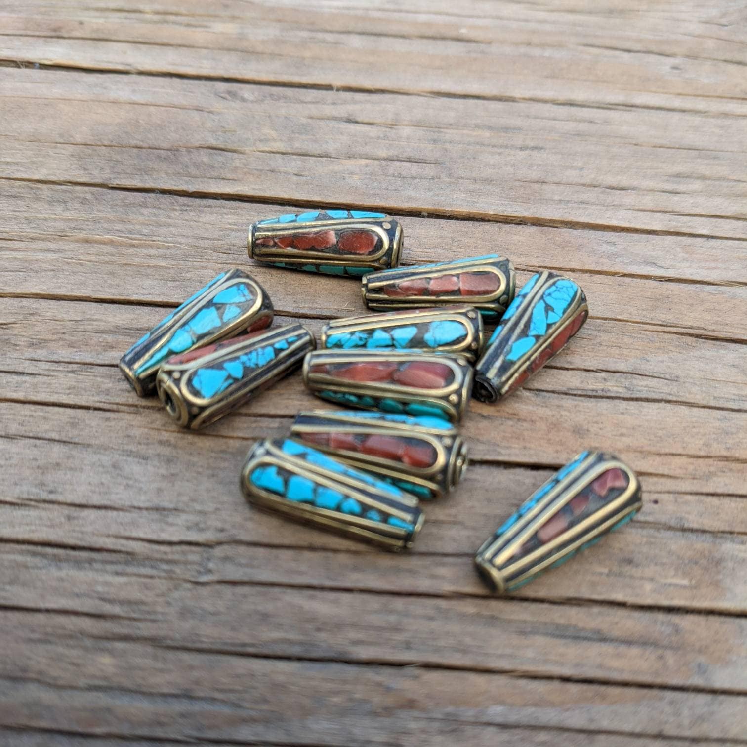 Handcrafted Rice Bean Beads: Brass, Turquoise & Coral Inlays