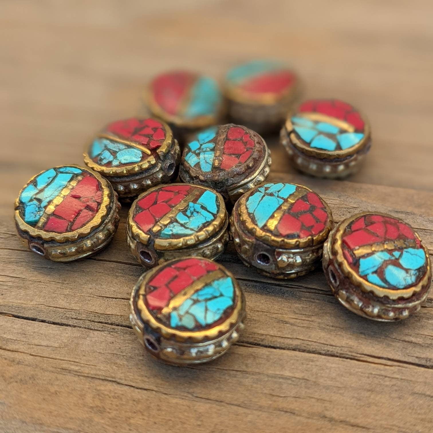 Handcrafted Himalayan Brass Beads: Turquoise Coral Inlay (10 Beads)