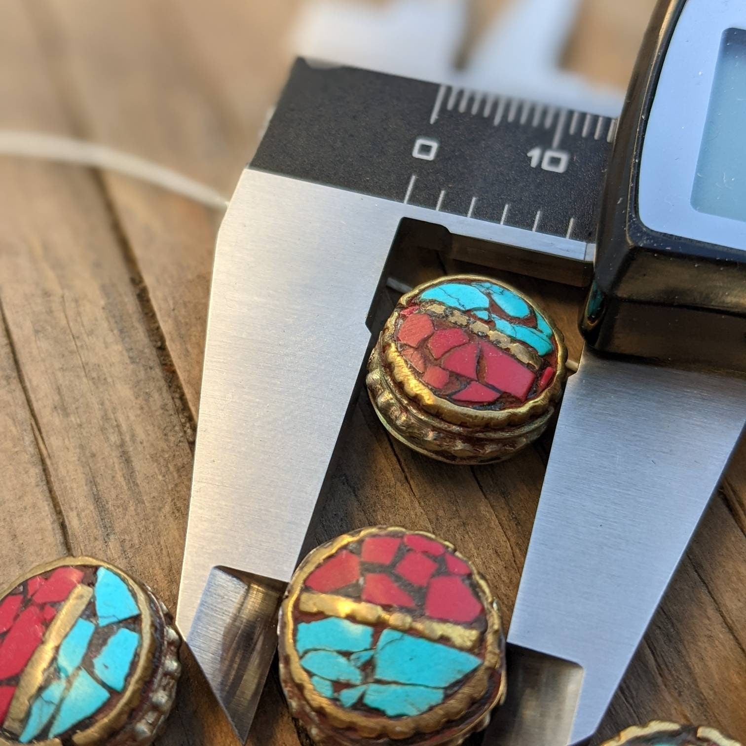 Handcrafted Himalayan Brass Beads: Turquoise Coral Inlay (10 Beads)