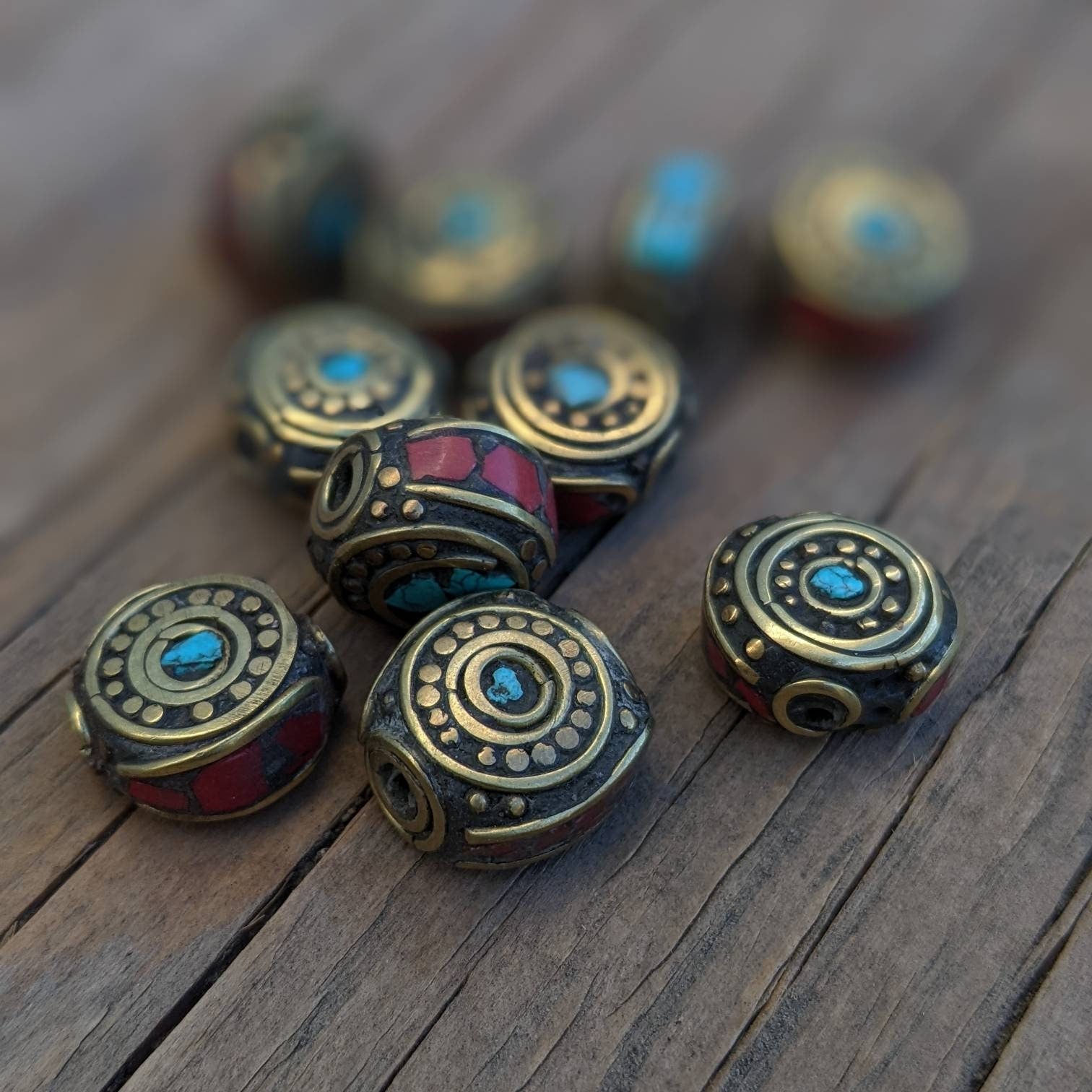 Handcrafted Himalayan Brass Beads: Turquoise & Coral Inlay (10 pc)