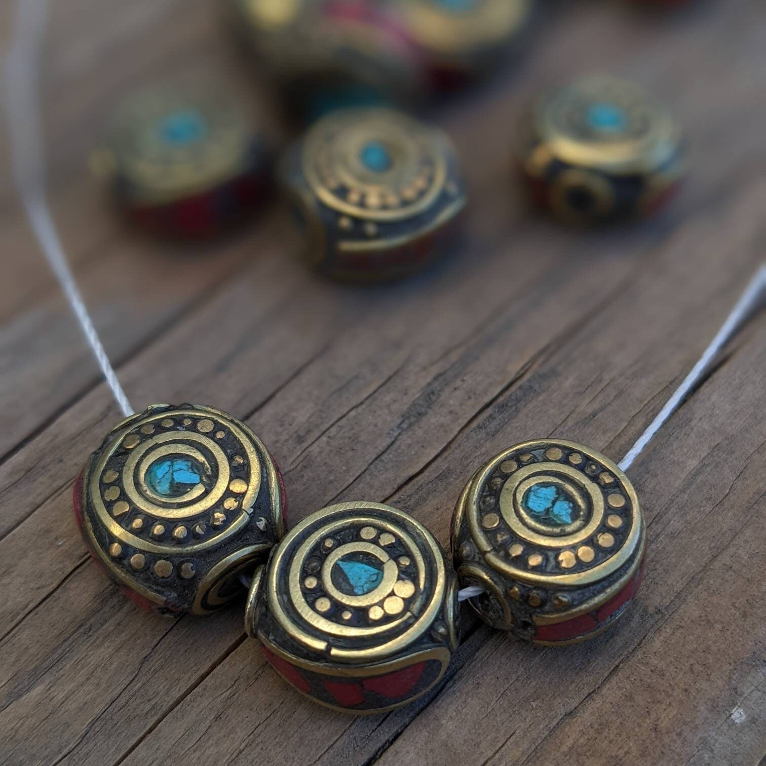 Handcrafted Himalayan Brass Beads: Turquoise & Coral Inlay (10 pc)