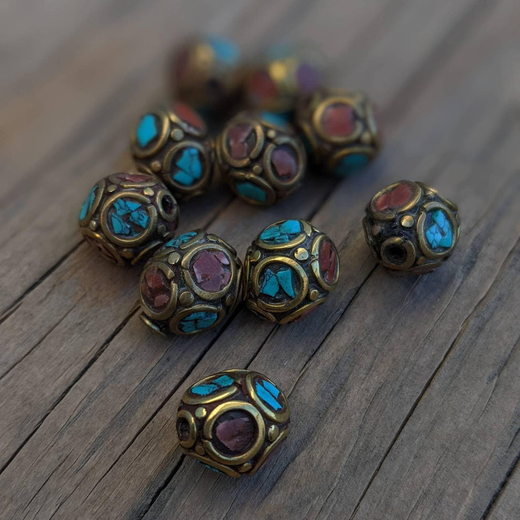 Handcrafted Himalayan Brass Beads: Turquoise & Coral Inlay (10mm, 10pc)
