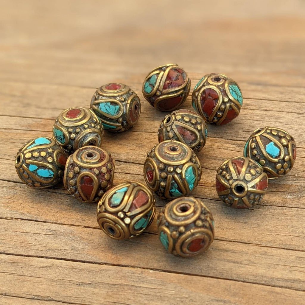 Handcrafted Himalayan Brass Beads: Turquoise Coral Inlays, Ethnic Rice Bean Shape (12 Beads)