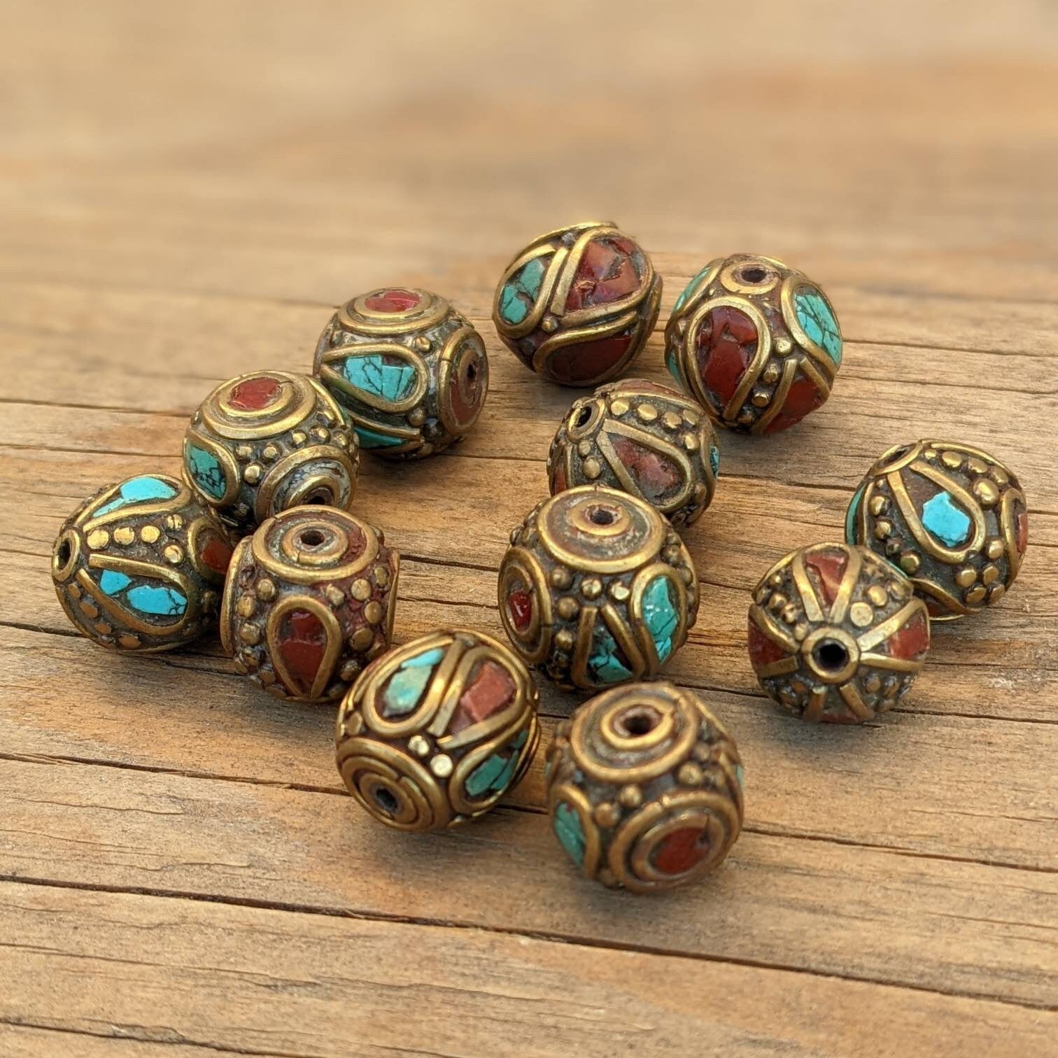 Handcrafted Himalayan Brass Beads: Turquoise Coral Inlays, Ethnic Rice Bean Shape (12 Beads)