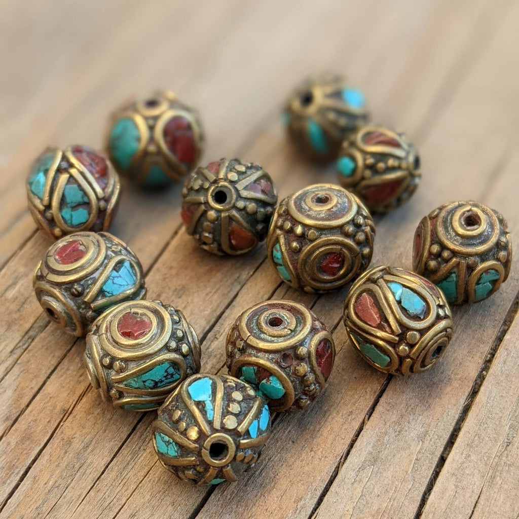 Handcrafted Himalayan Brass Beads: Turquoise Coral Inlays, Ethnic Rice Bean Shape (12 Beads)