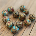 Handcrafted Himalayan Brass Beads: Turquoise Coral Inlays, Ethnic Rice Bean Shape (12 Beads)