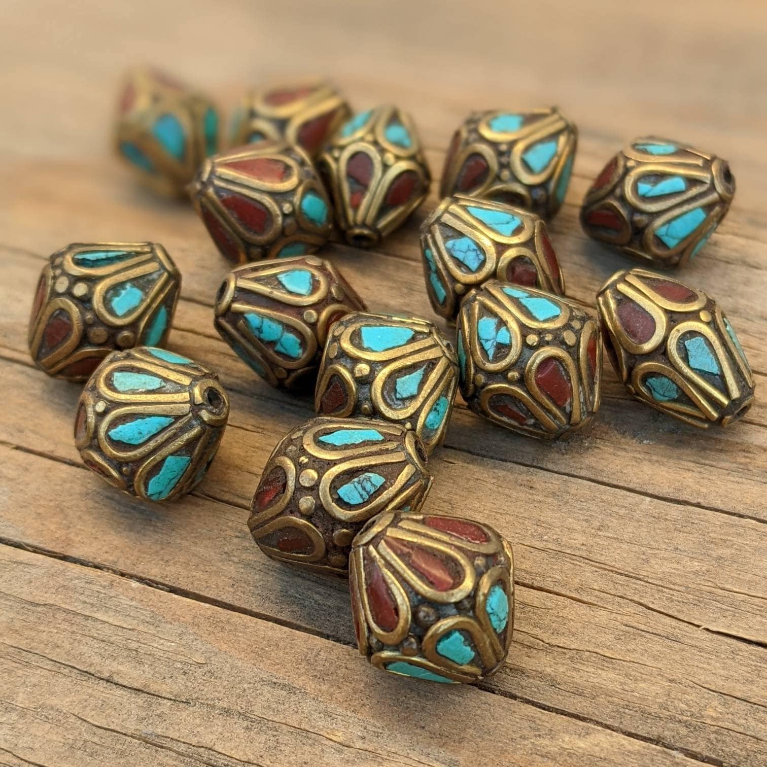 Handcrafted Himalayan Brass Beads: Turquoise Coral Inlays (15mm, 15pc)