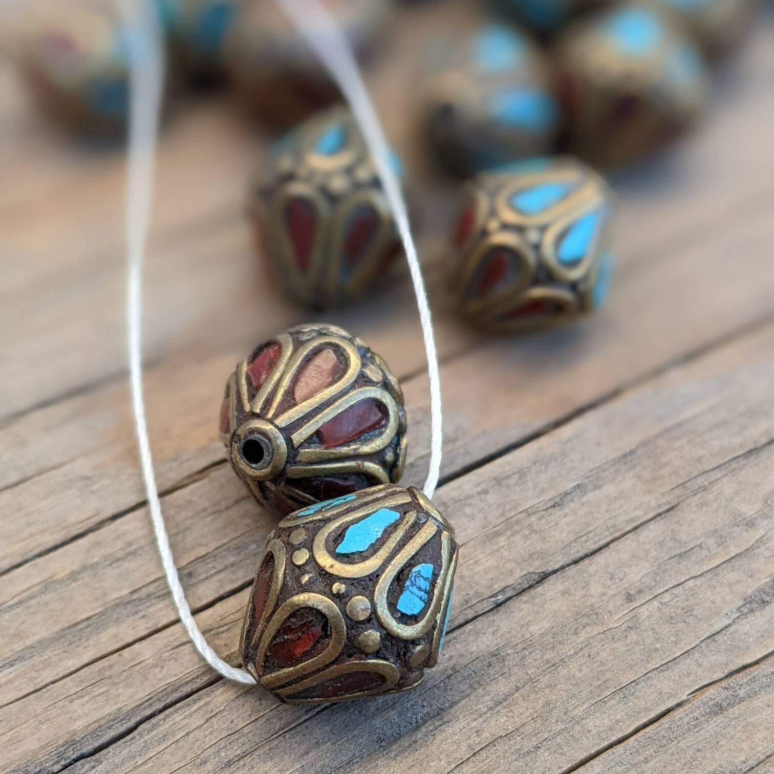 Handcrafted Himalayan Brass Beads: Turquoise Coral Inlays (15mm, 15pc)