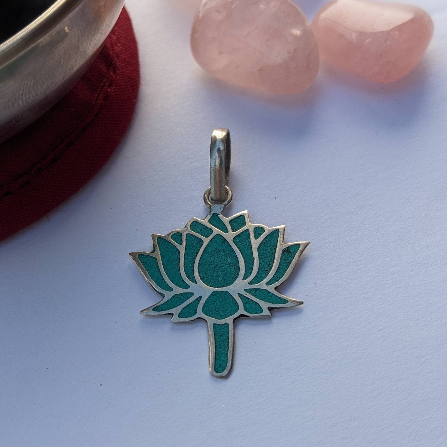 Tibetan Turquoise Lotus Flower Charm: Buddhist Knot Pendant