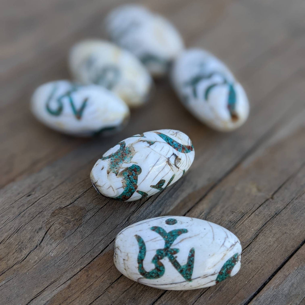 Handmade Conch Shell Om Beads: Turquoise & Coral Inlay (2 pc)