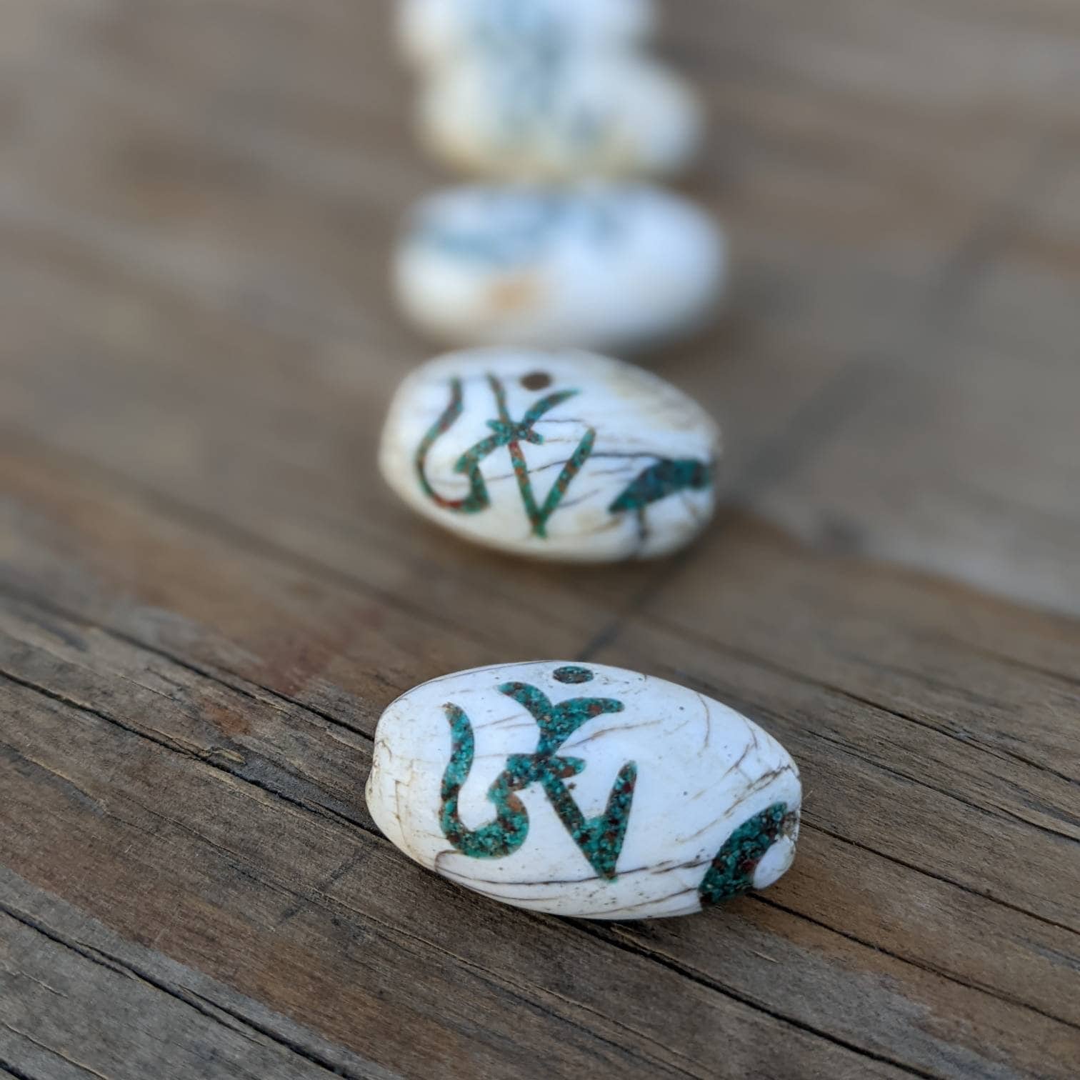 Handmade Conch Shell Om Beads: Turquoise & Coral Inlay (2 pc)