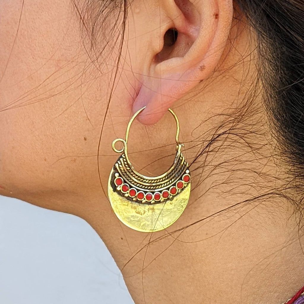 Handmade Brass Boho Hoop Earrings with Gemstone