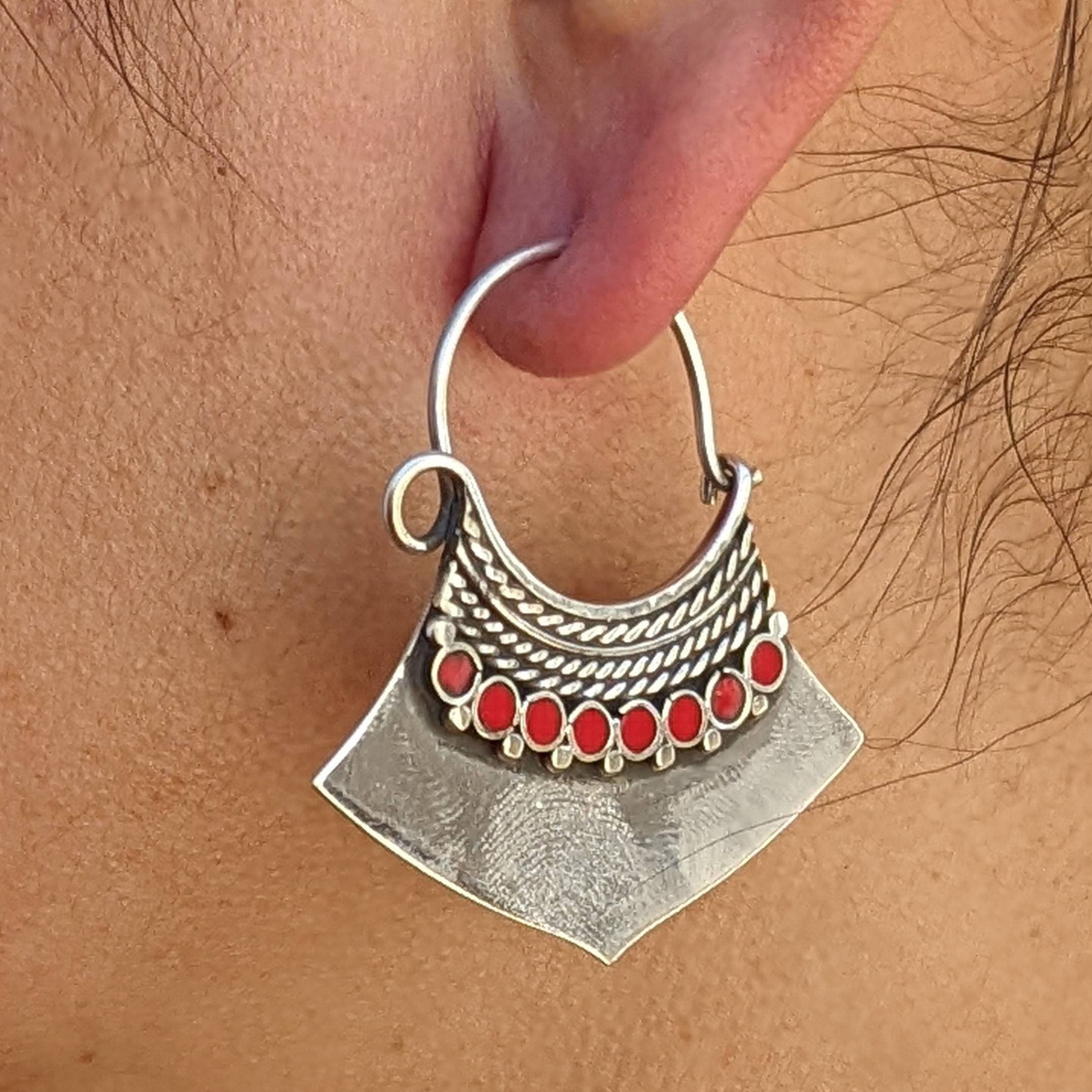 Handmade White Brass Boho Dangle Earrings: Ethnic Gemstone Jewelry