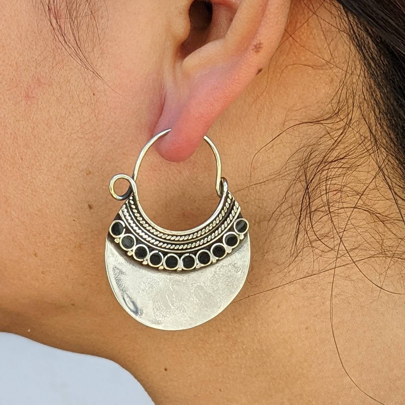white brass earrings. Handmade ethnic look boho earrings chooses of stone. Any occasion