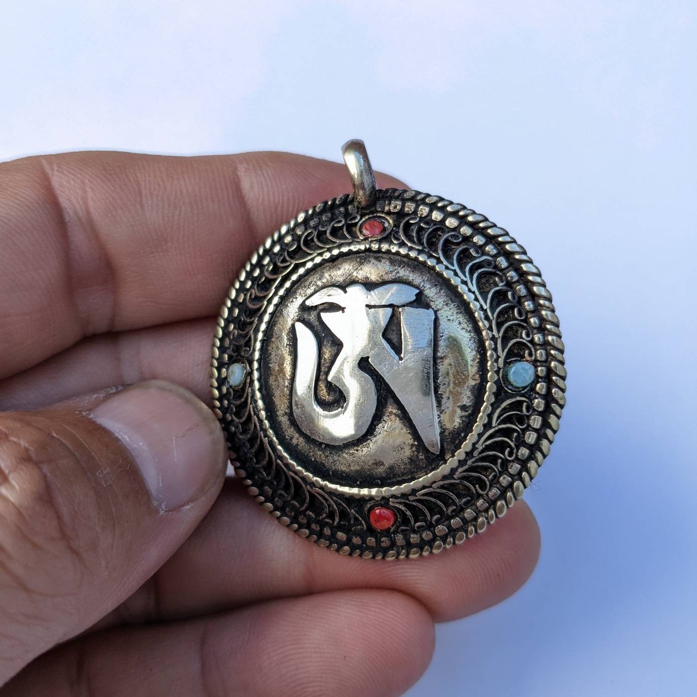 Om Double sided Tibetan Kalachakra mantra filigree circles brass pendant with turquoise coral  inlay