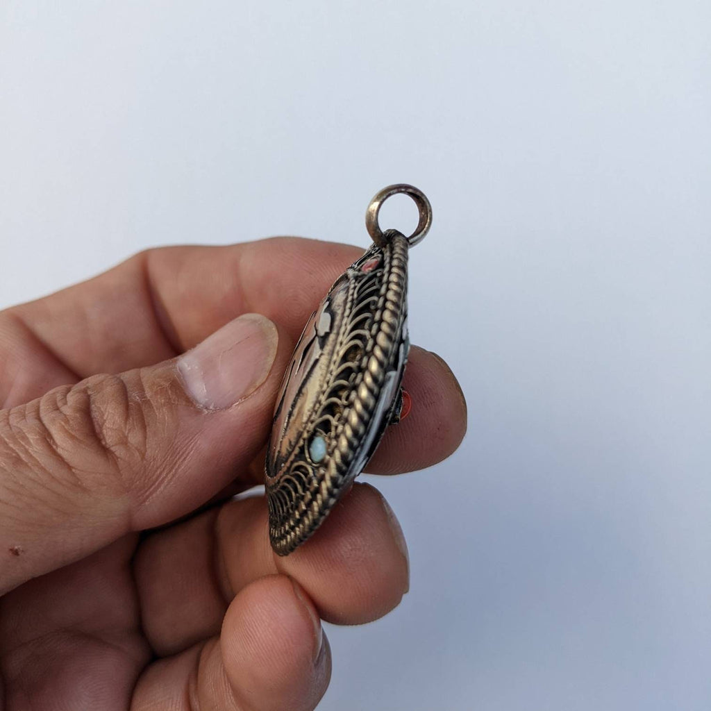 Om Double sided Tibetan Kalachakra mantra filigree circles brass pendant with turquoise coral  inlay
