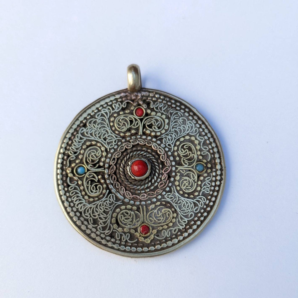 Tibetan Dorjee Mandala Pendant: Brass Copper Filigree with Coral