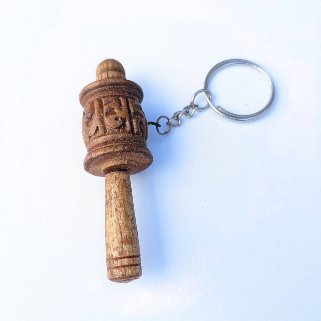 Hand made Tibetan Om Mantra carved wooden prayer wheel Key or charm pendant