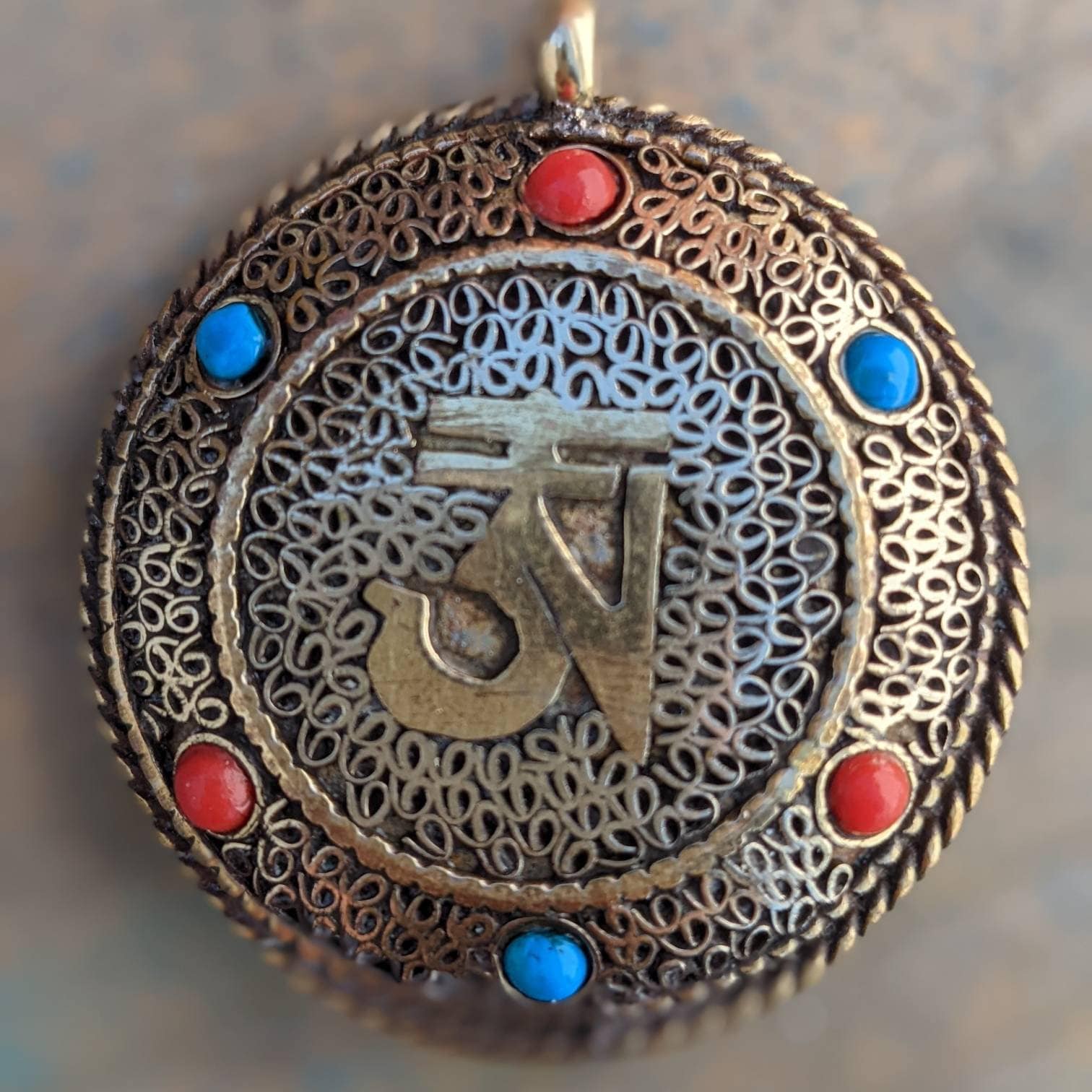 Double sided Tibetan Kalachakra mantra filigree circles brass pendant with turquoise coral  inlay