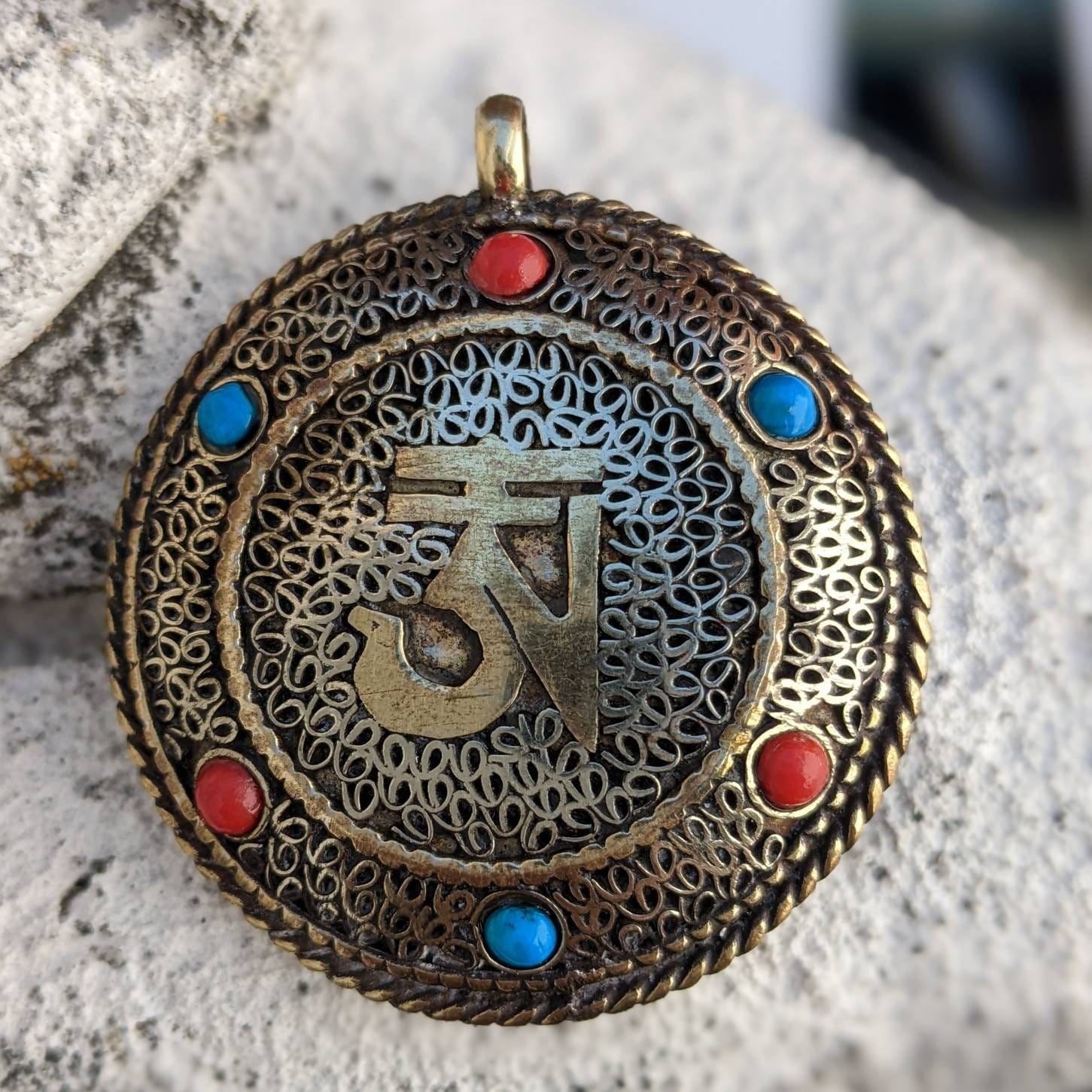 Double sided Tibetan Kalachakra mantra filigree circles brass pendant with turquoise coral  inlay