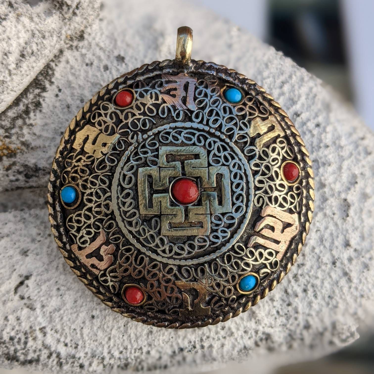 Double sided Tibetan Kalachakra mantra filigree circles brass pendant with turquoise coral  inlay