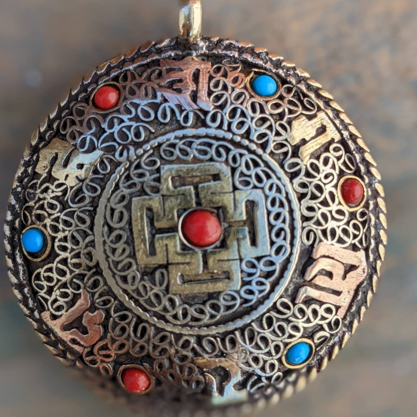 Double sided Tibetan Kalachakra mantra filigree circles brass pendant with turquoise coral  inlay