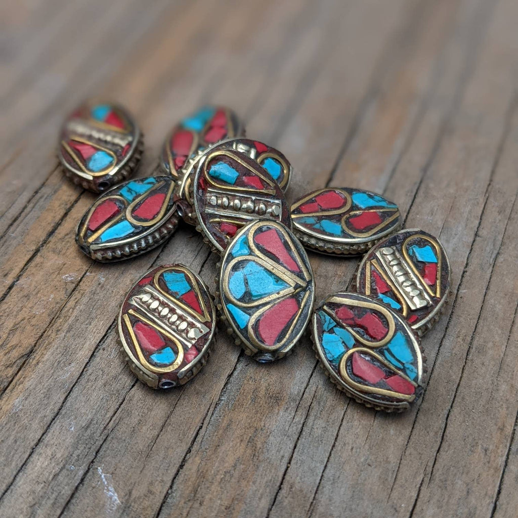 Handcrafted Rice Bean Beads: Ethnic Brass with Turquoise Coral Inlays