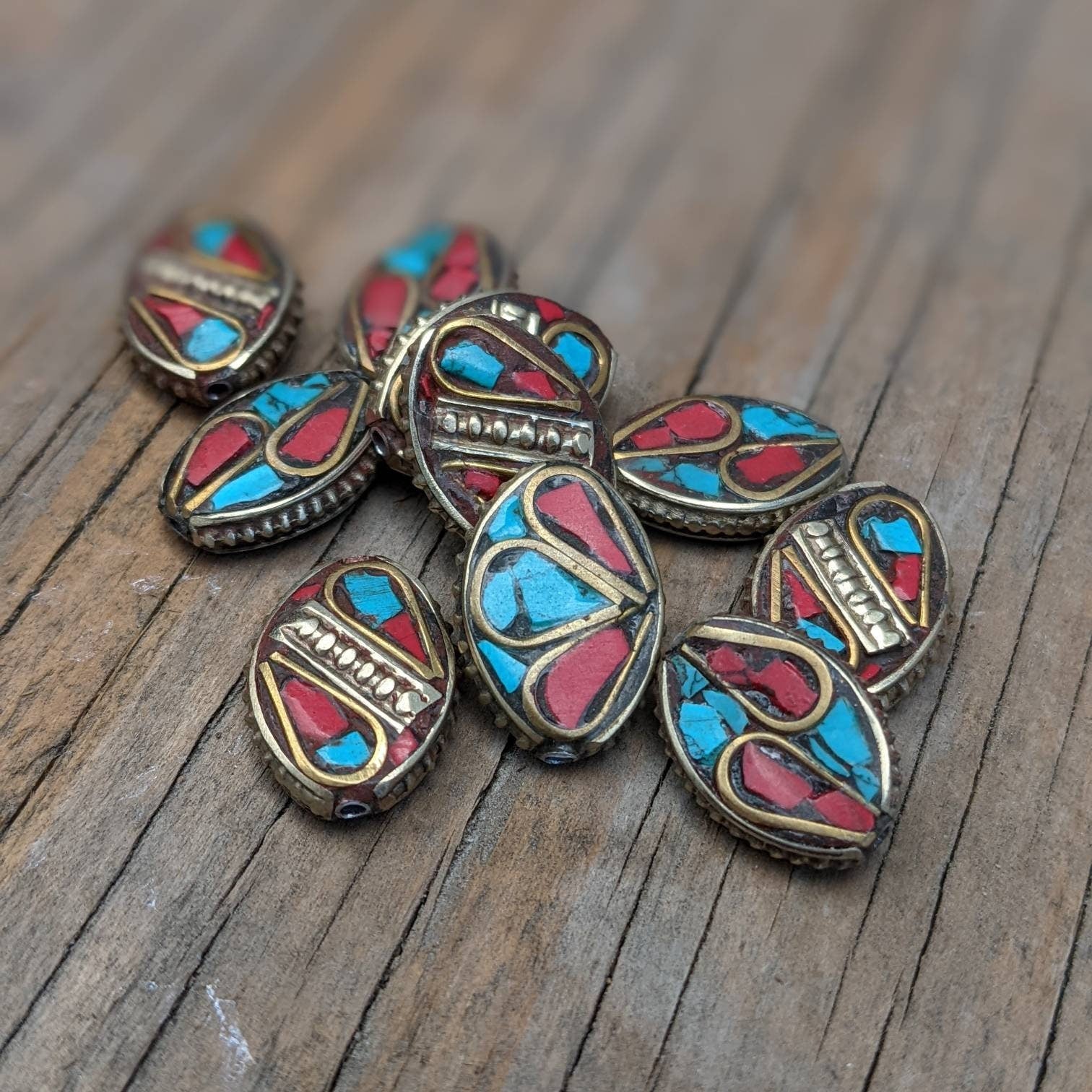 Handcrafted Rice Bean Beads: Ethnic Brass with Turquoise Coral Inlays