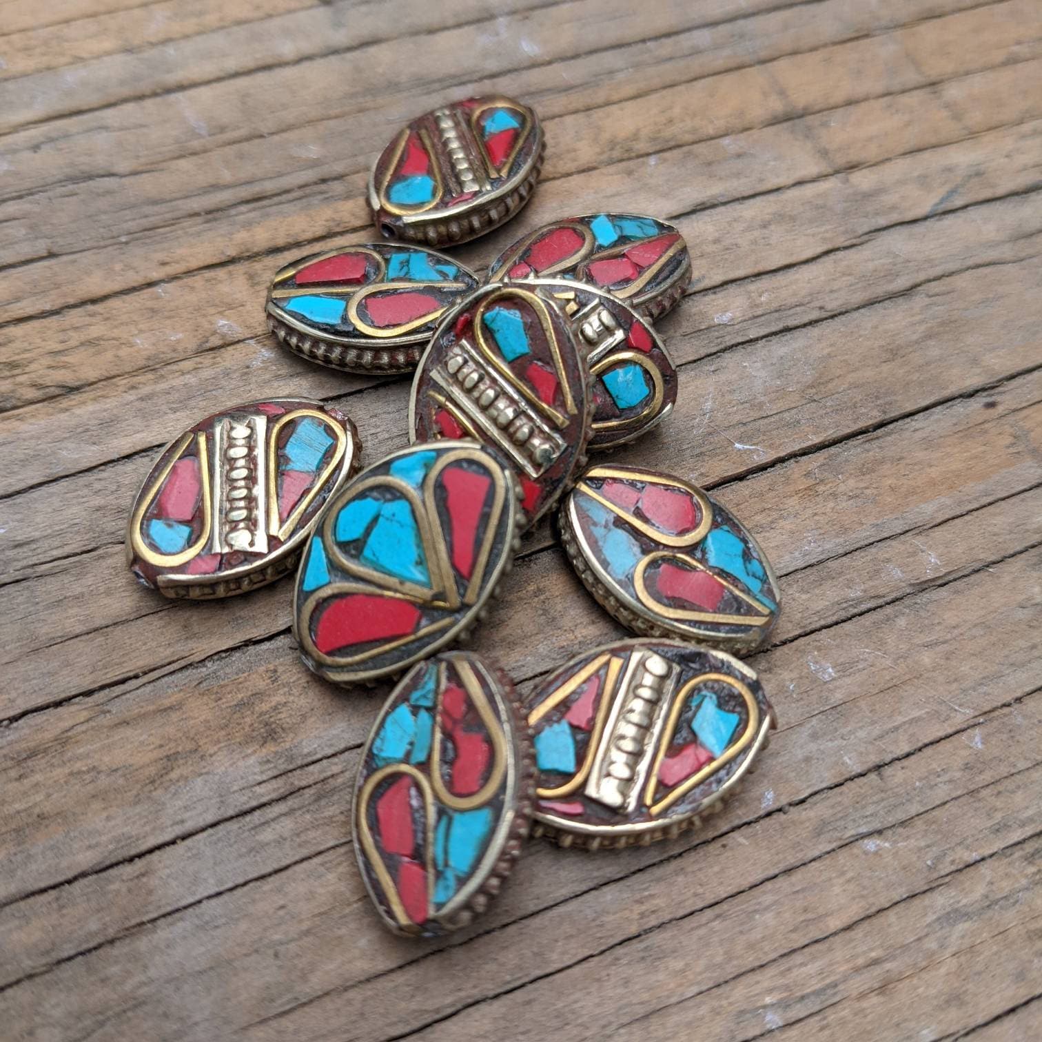 Handcrafted Rice Bean Beads: Ethnic Brass with Turquoise Coral Inlays