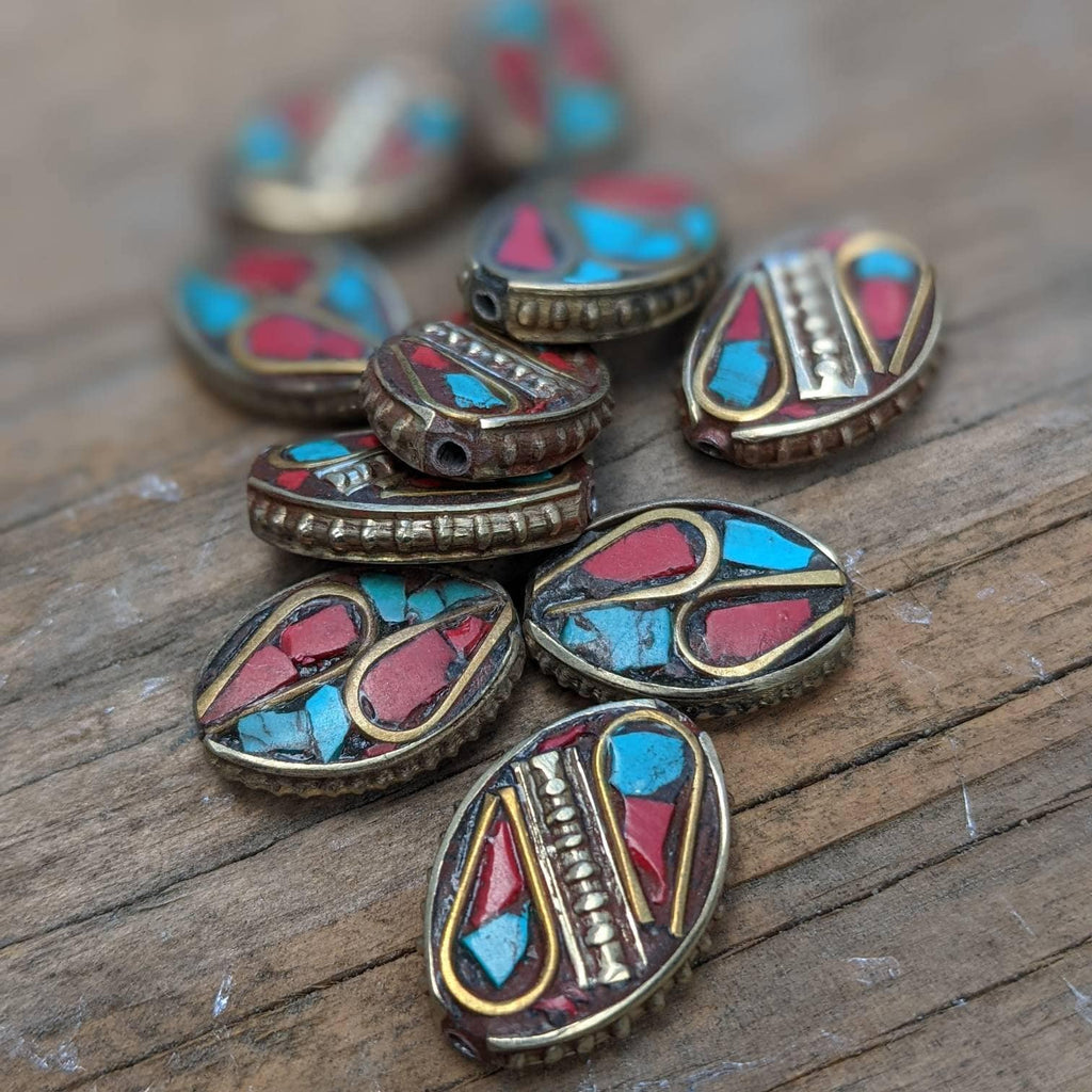Handcrafted Rice Bean Beads: Ethnic Brass with Turquoise Coral Inlays