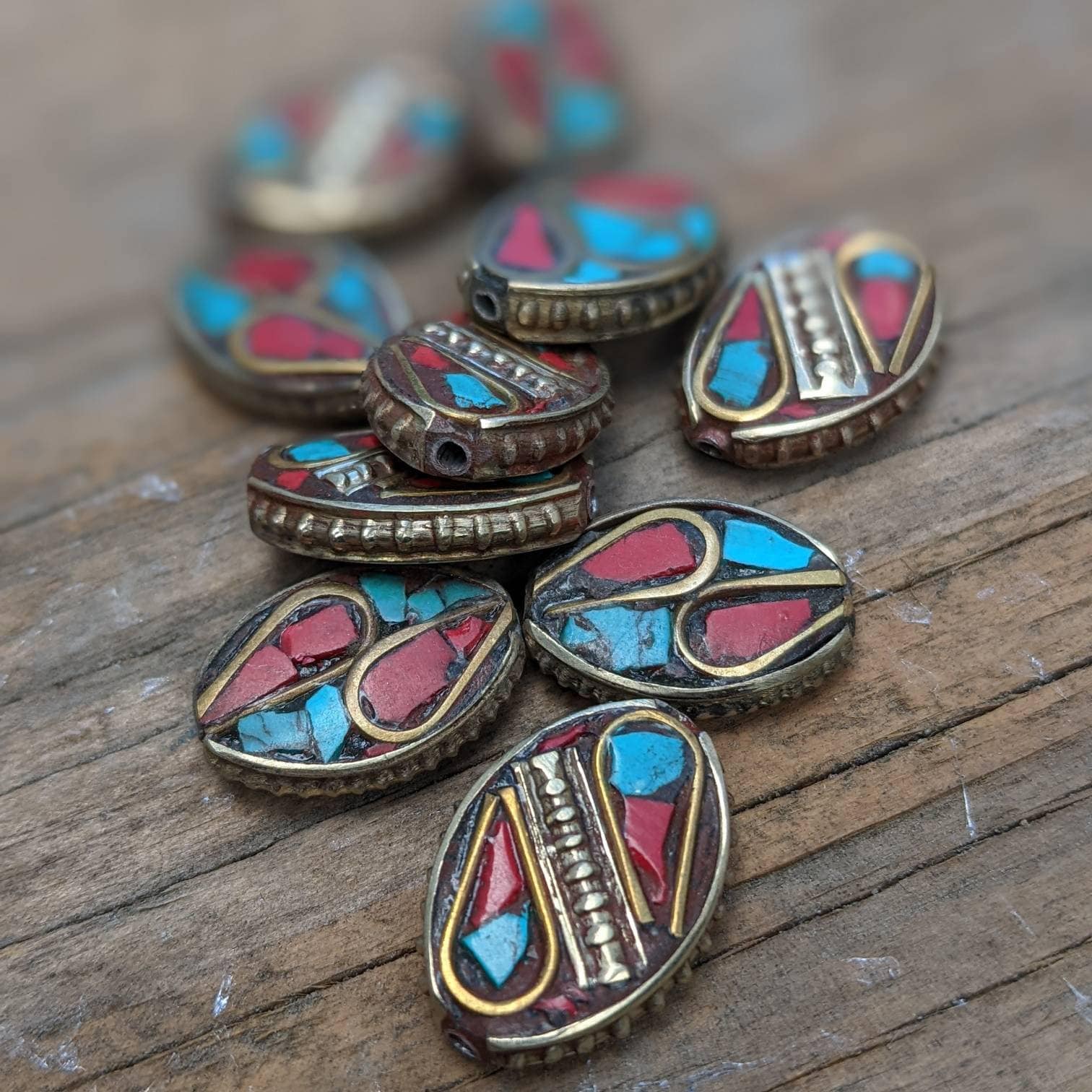 Handcrafted Rice Bean Beads: Ethnic Brass with Turquoise Coral Inlays