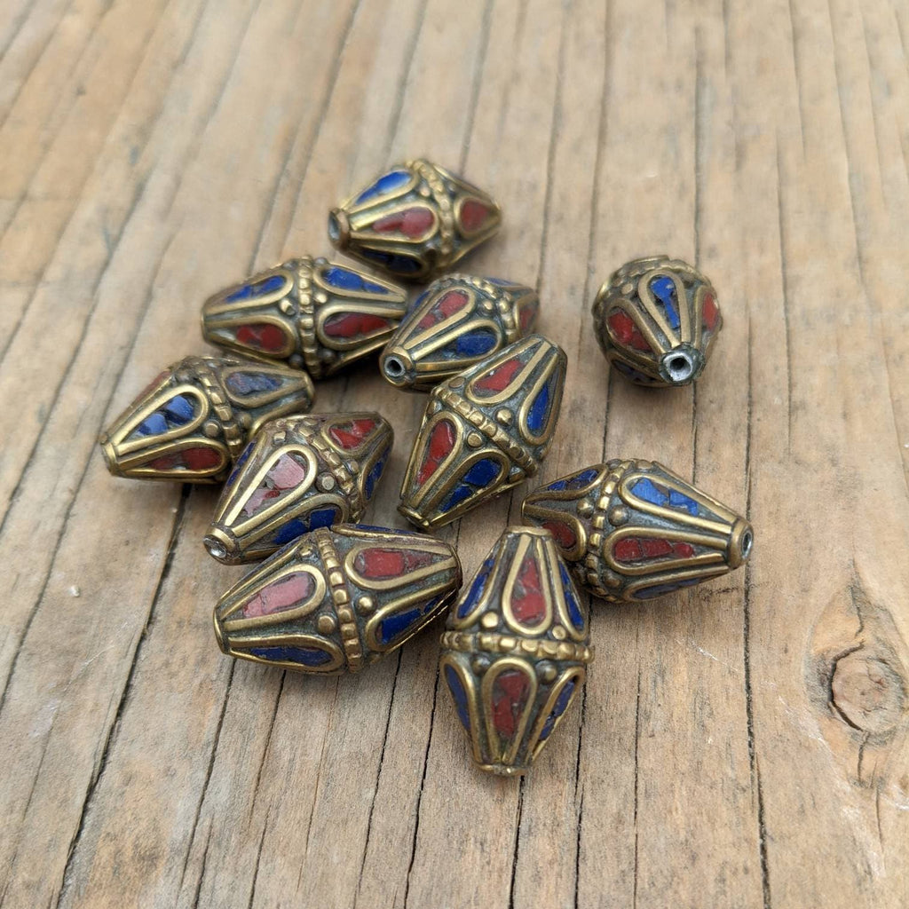 Handcrafted Rice Bean Beads: Ethnic Brass Inlays, Coral & Turquoise (10 pc)
