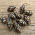 Handcrafted Rice Bean Beads: Ethnic Brass Inlays, Coral & Turquoise (10 pc)
