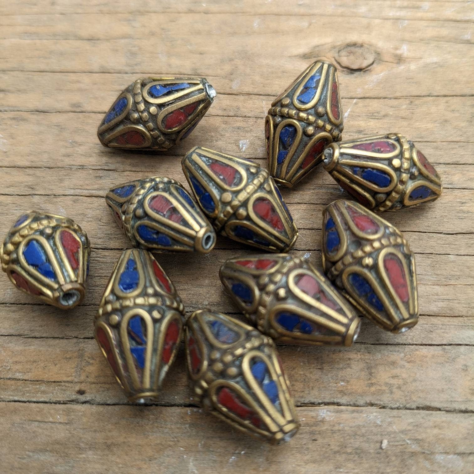 Handcrafted Rice Bean Beads: Ethnic Brass Inlays, Coral & Turquoise (10 pc)