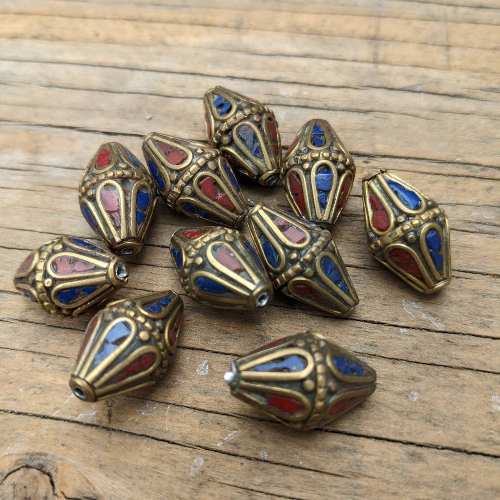 Handcrafted Rice Bean Beads: Ethnic Brass Inlays, Coral & Turquoise (10 pc)