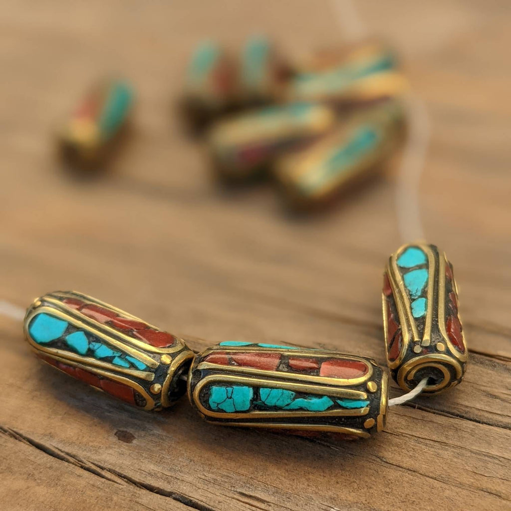 Handcrafted Himalayan Brass Beads: Turquoise Coral Inlay (10pc)