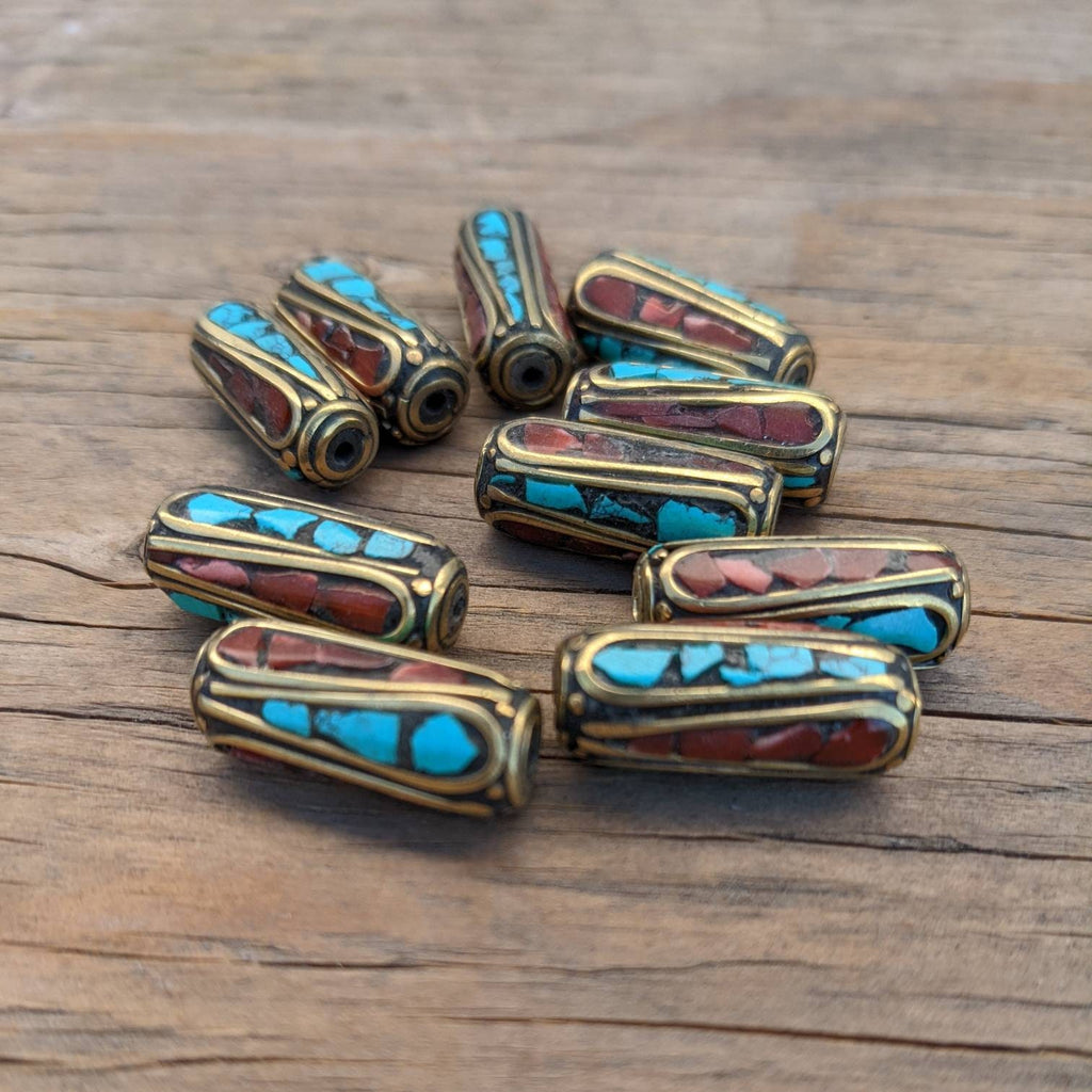 Handcrafted Himalayan Brass Beads: Turquoise Coral Inlay (10pc)