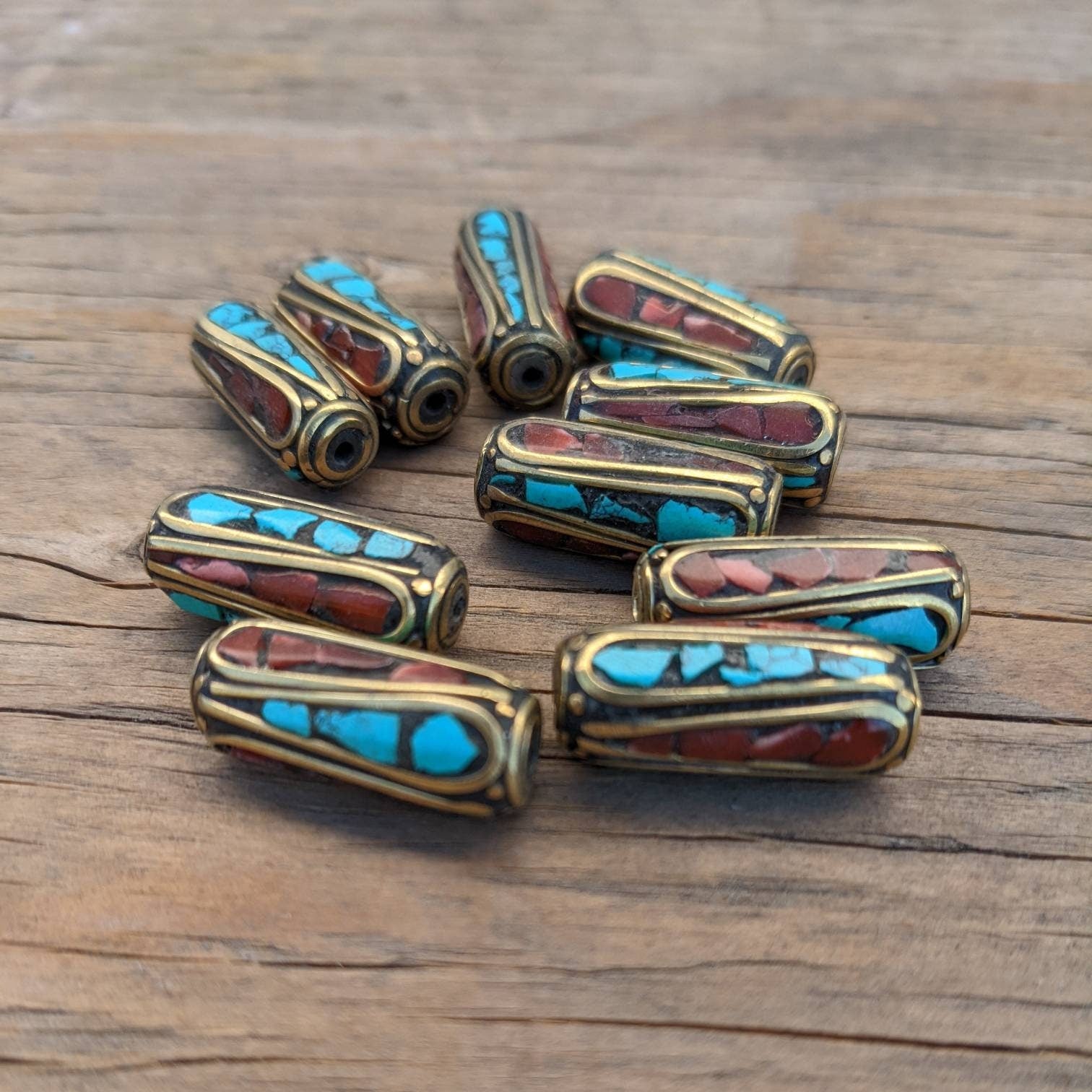 Handcrafted Himalayan Brass Beads: Turquoise Coral Inlay (10pc)