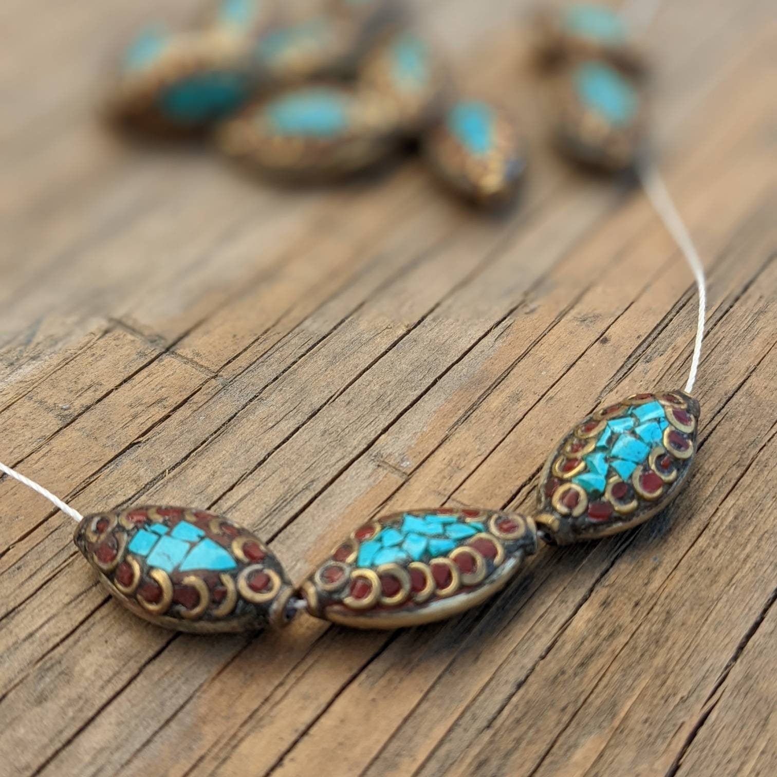 Handcrafted Rice Bean Beads: Ethnic Brass, Turquoise & Coral Inlays
