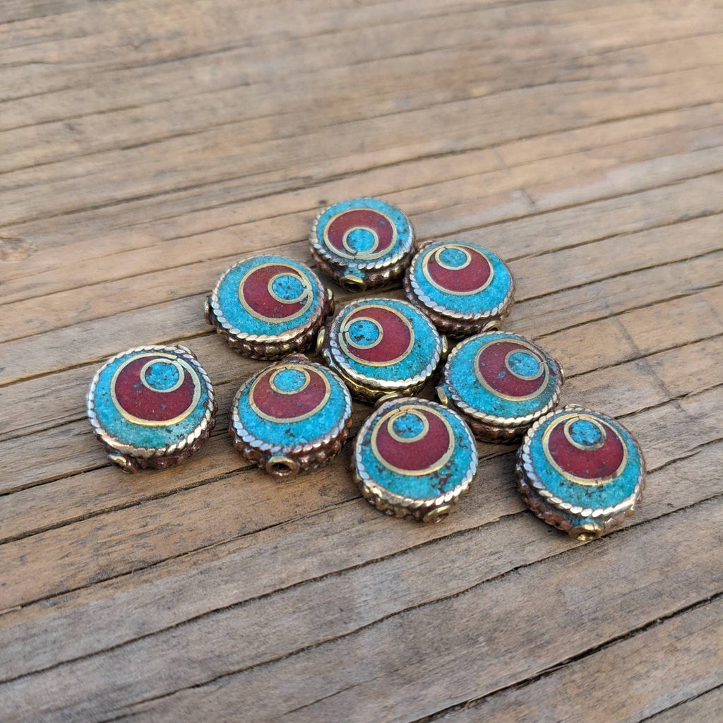 Handcrafted Himalayan Brass Beads: Turquoise Coral Inlay, Ethnic Rice Bean Shape (10 Beads)
