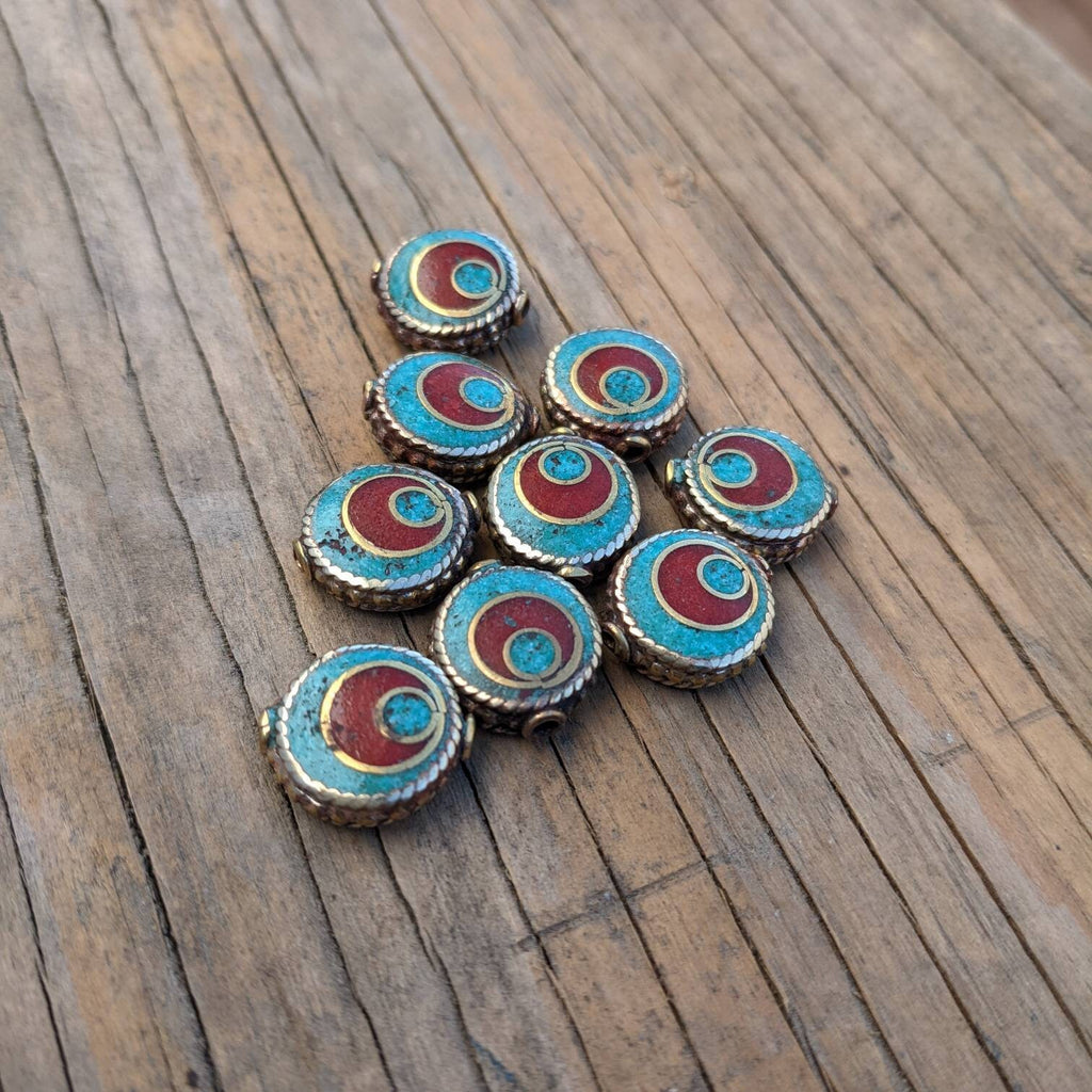 Handcrafted Himalayan Brass Beads: Turquoise Coral Inlay, Ethnic Rice Bean Shape (10 Beads)