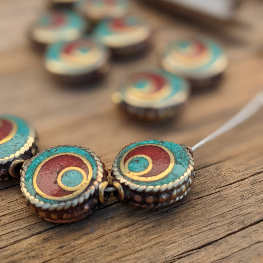 Handcrafted Himalayan Brass Beads: Turquoise Coral Inlay, Ethnic Rice Bean Shape (10 Beads)