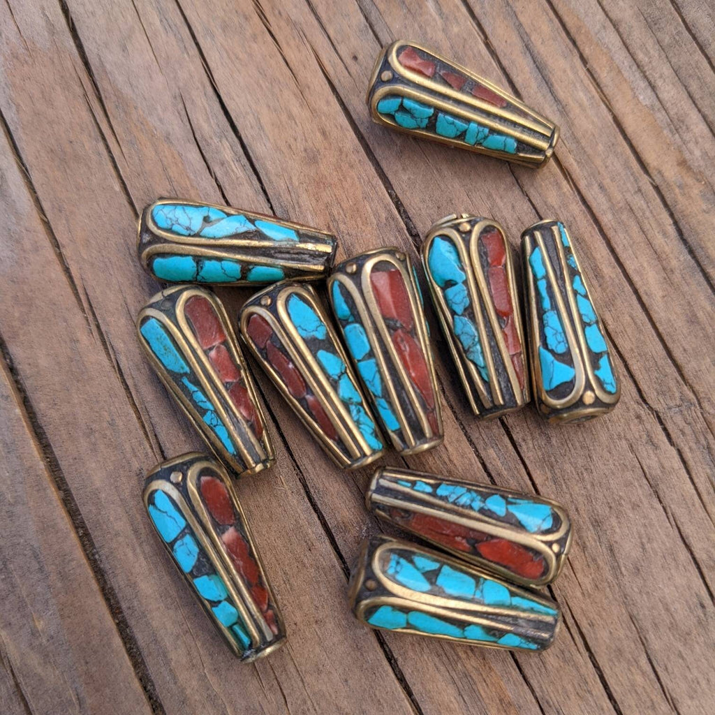 Handcrafted Rice Bean Beads: Brass, Turquoise & Coral Inlays