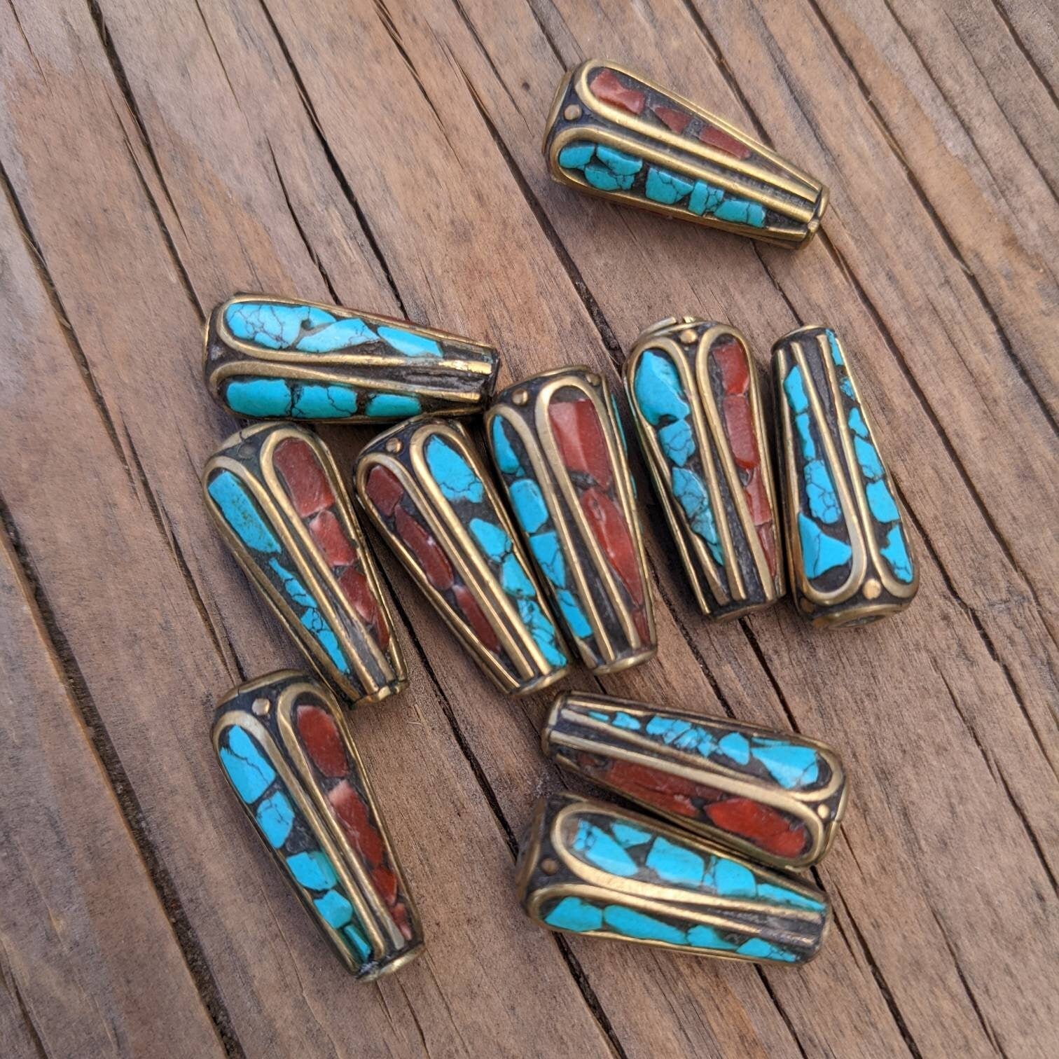 Handcrafted Rice Bean Beads: Brass, Turquoise & Coral Inlays
