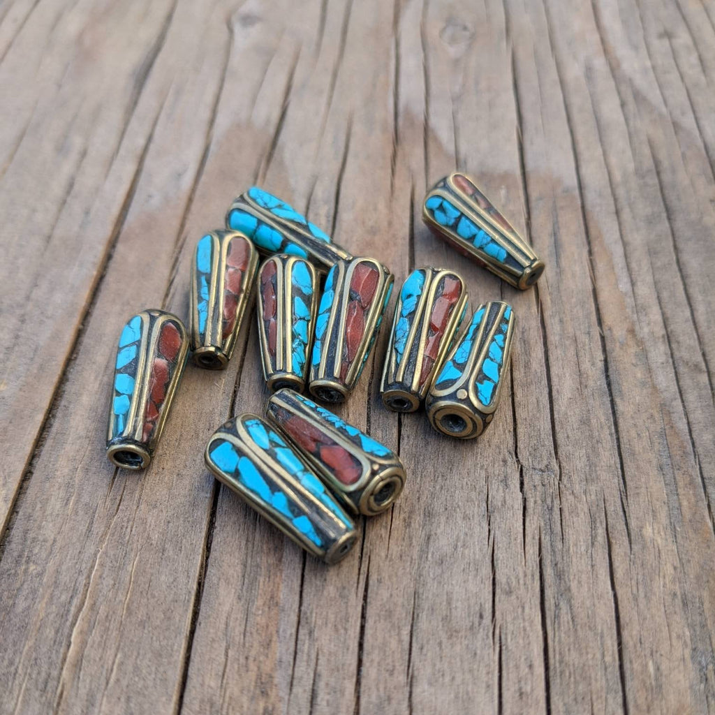 Handcrafted Rice Bean Beads: Brass, Turquoise & Coral Inlays