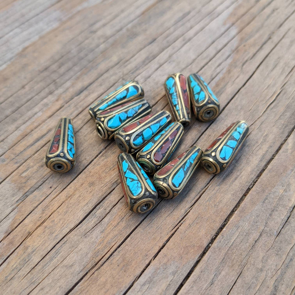 Handcrafted Rice Bean Beads: Brass, Turquoise & Coral Inlays