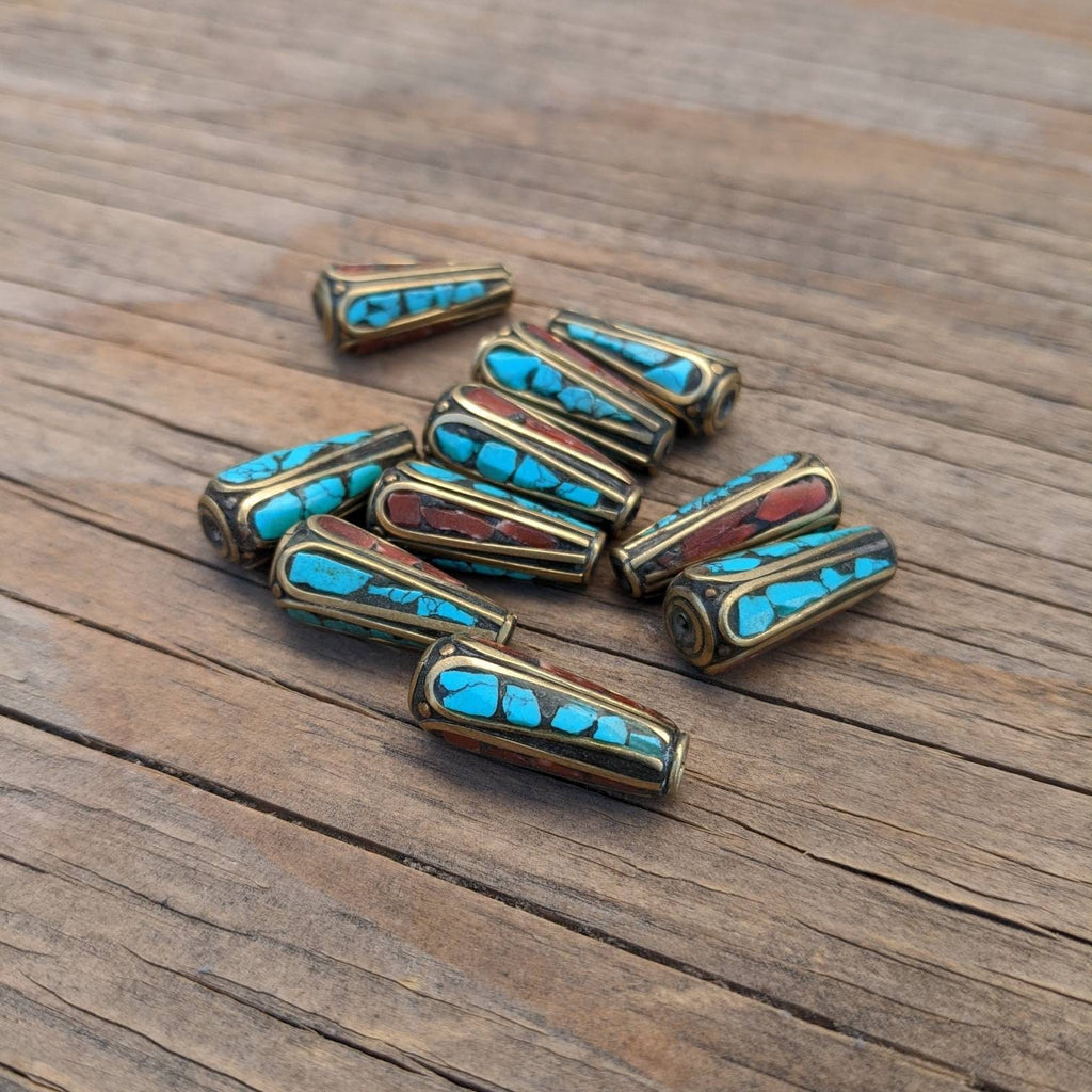 Handcrafted Rice Bean Beads: Brass, Turquoise & Coral Inlays