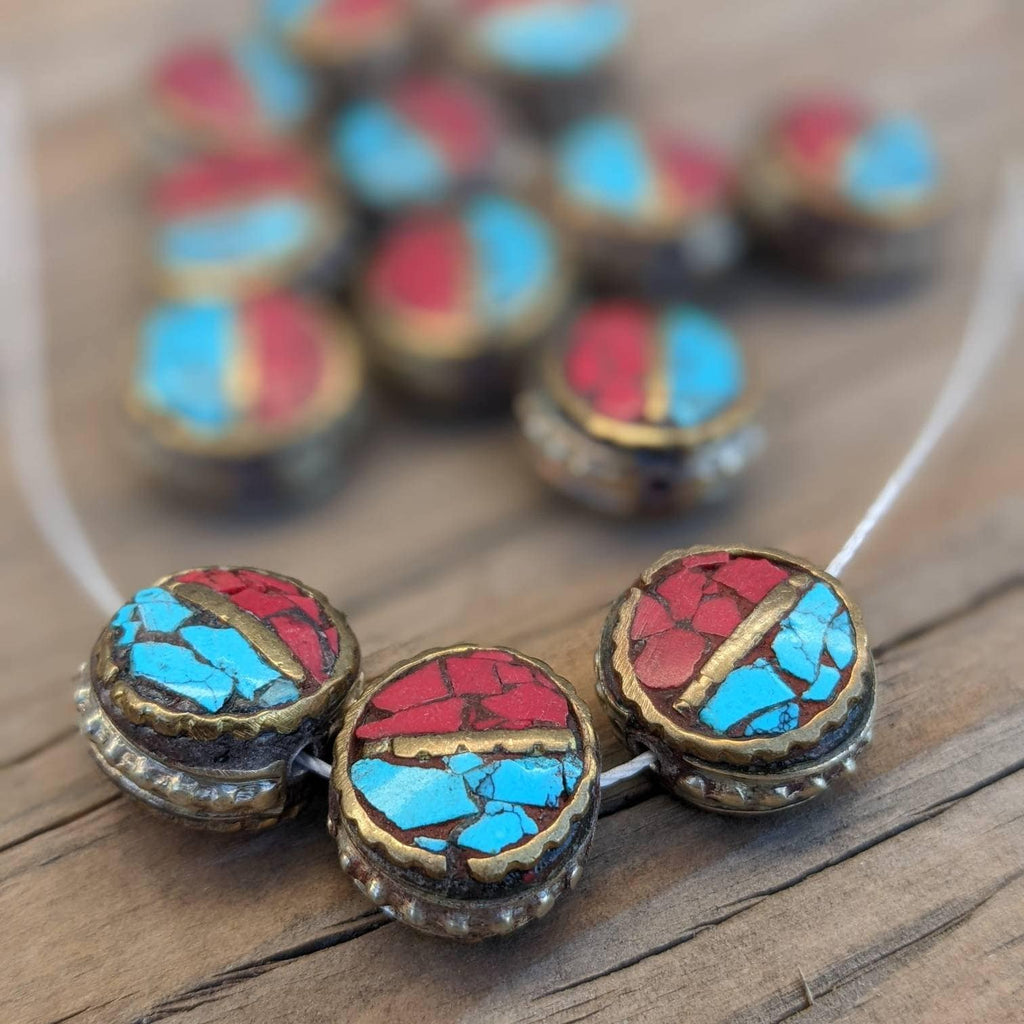 Handcrafted Himalayan Brass Beads: Turquoise Coral Inlay (10 Beads)